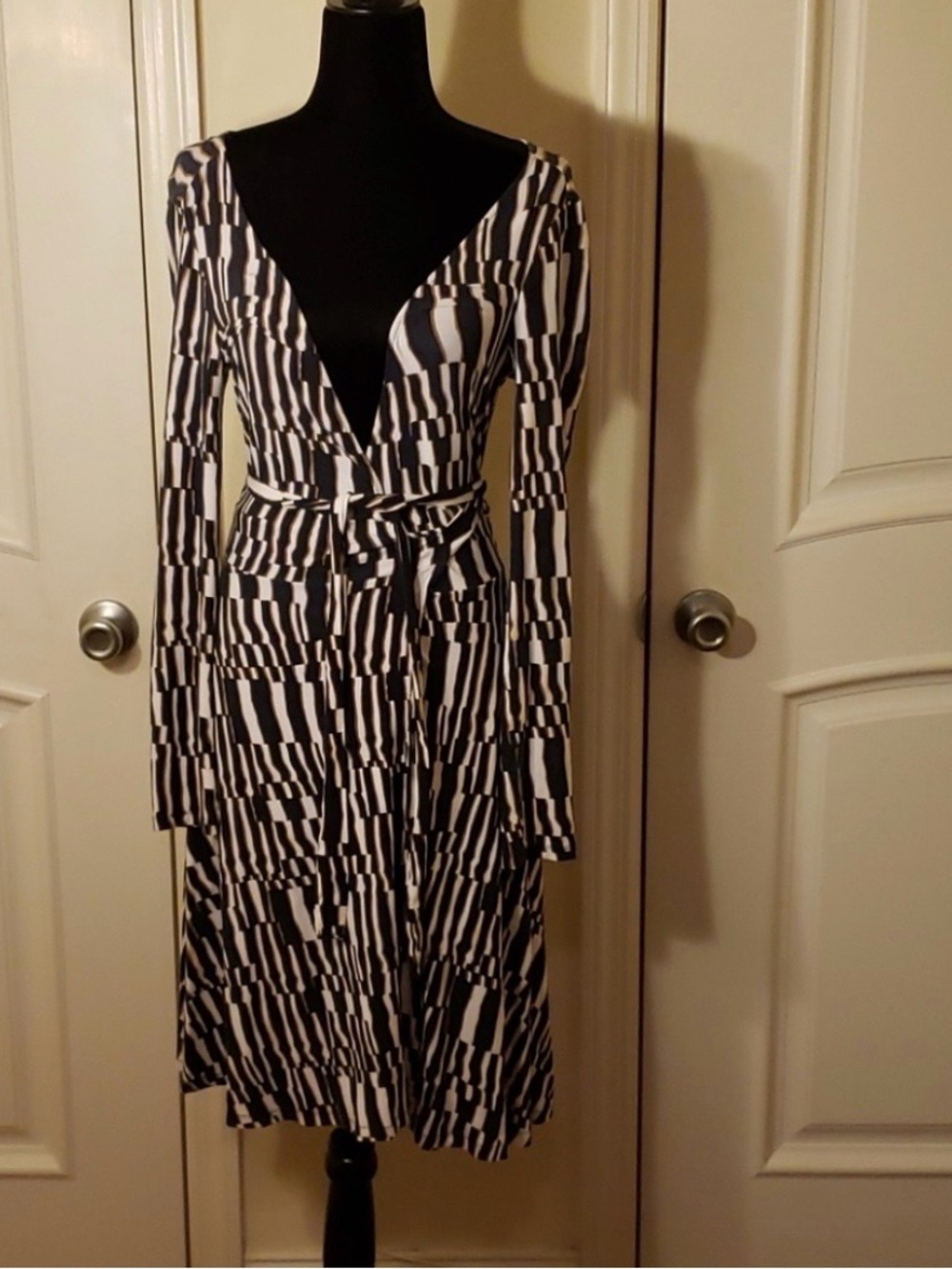 Diane Von Furstenberg Black, White, and Brown Graphic Wrap Dress